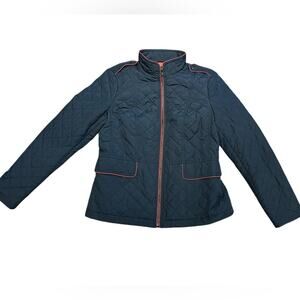 Talbots Women's Medium Quilted Jacket in Navy Red Trim Full Zip Stand Up Collar